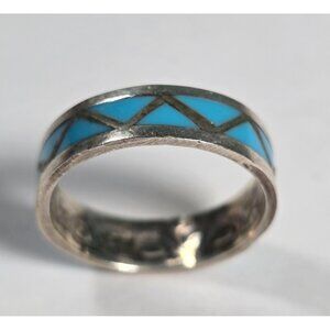 Sterling Silver Turquoise Style Inlay Ring Size 10.5 Southwestern Geometric Band